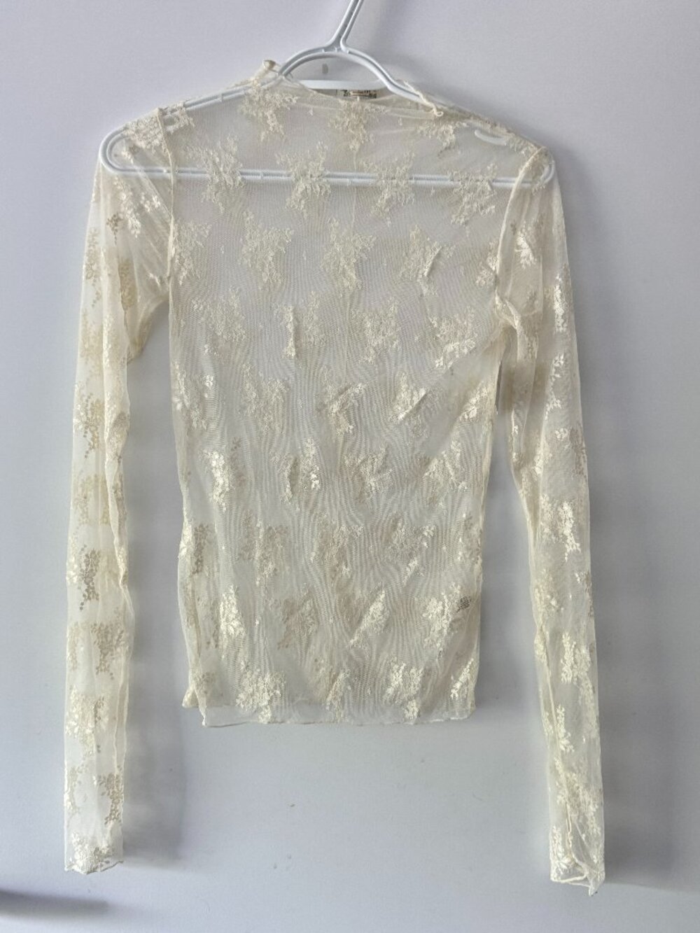 Free People Ivory Sheer Lace Mesh Long Sleeve Top Size S